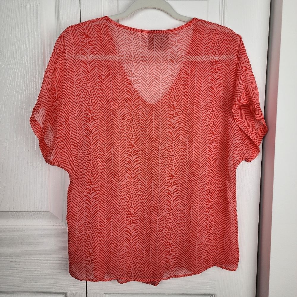 Anthropologie Maeve Silk Blouse M Coral Orange Chevron Print Short Sleeve Boho - Picture 4 of 15